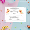Pozivnica za rođendan ili krštenje, sa grafičkim prikazom beba i pratećom belom kovertom.