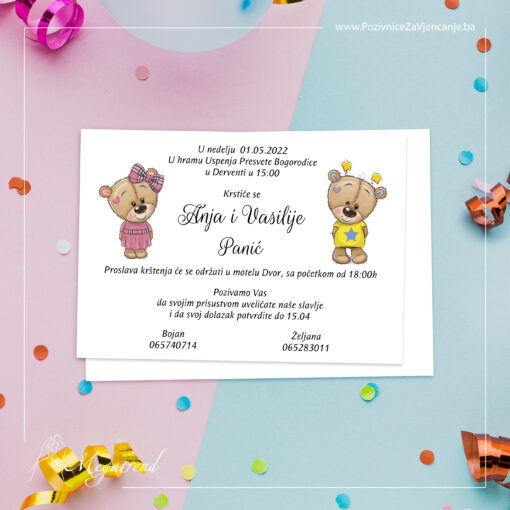 Pozivnica za rođendan ili krštenje, sa grafičkim prikazom meda i pratećom belom kovertom.