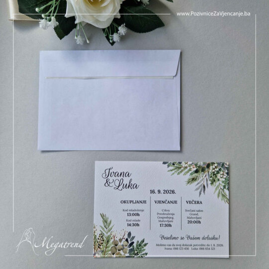 Prikaz pozivnice sa herbalnim ilustracijama i modernim rasporedom teksta na bijelom mat reljefnom papiru. Uz pozivnice stiže i prateća koverta sa štampom teksta na jednoj njenoj strani.
